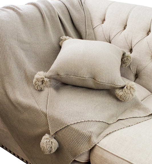 Khaki Chunky Knit Pom Pom Throw Pillow Cover