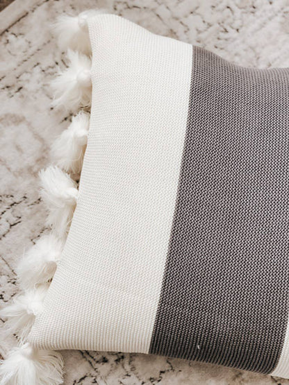 Gray and White Tassel Pillow Cover