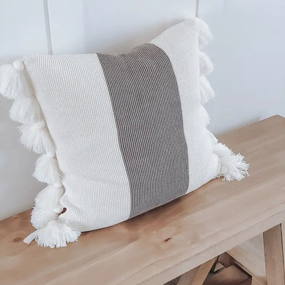 Gray and White Tassel Pillow Cover